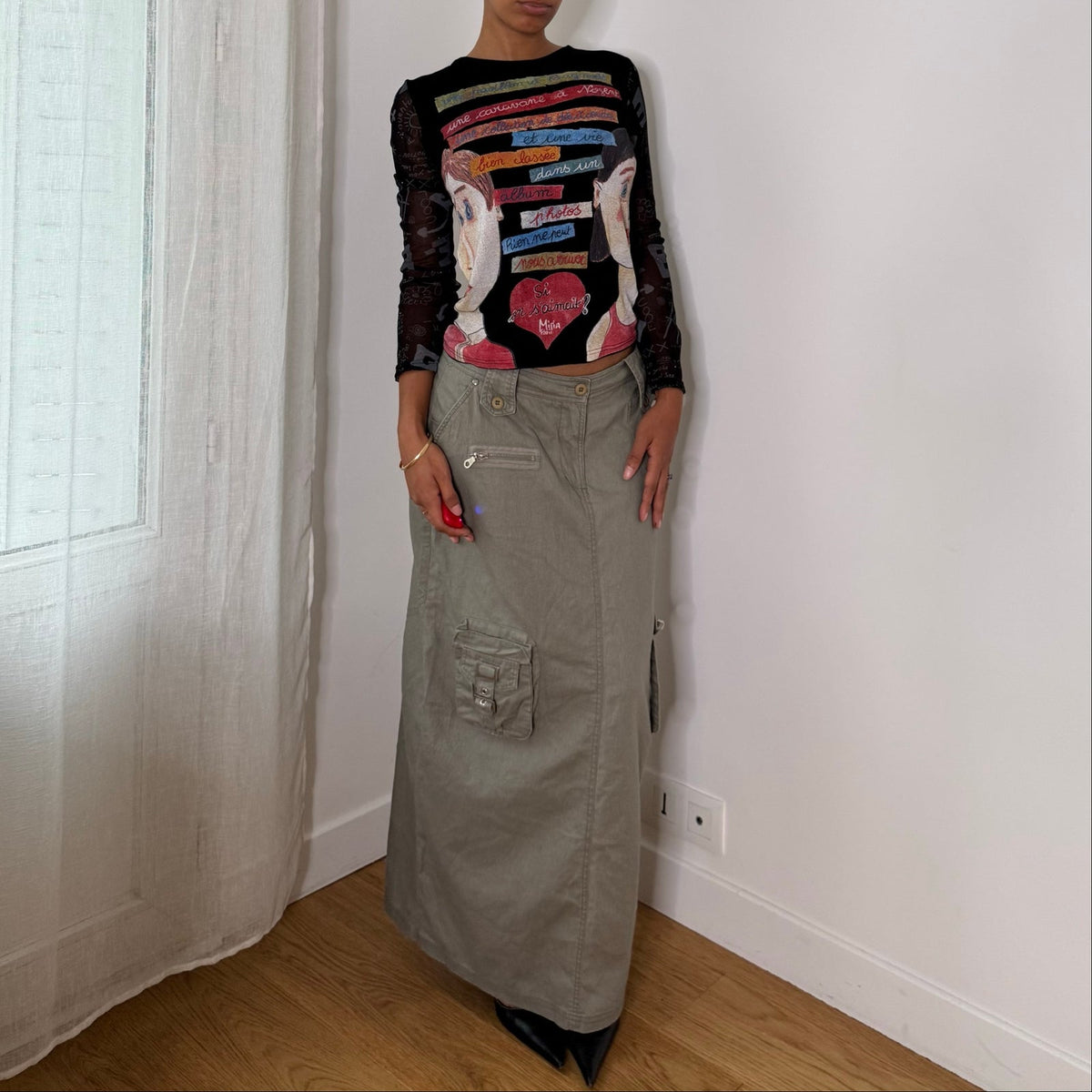Italian vintage Y2K sage grey linen & cotton cargo maxi skirt with utility pockets & low-rise waist
