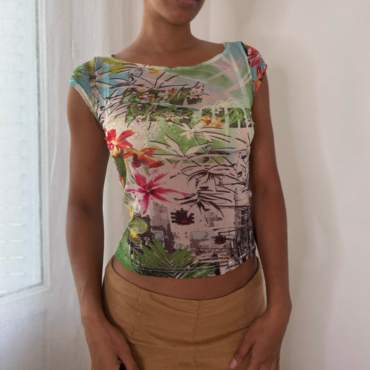 Italian vintage multicolor tropical floral print semi-sheer mesh top with rhinestone details