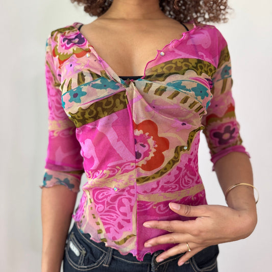 Vintage Pink Patchwork Mesh Top Ruched Bust Sheer Fitted Y2K (S) ⠀