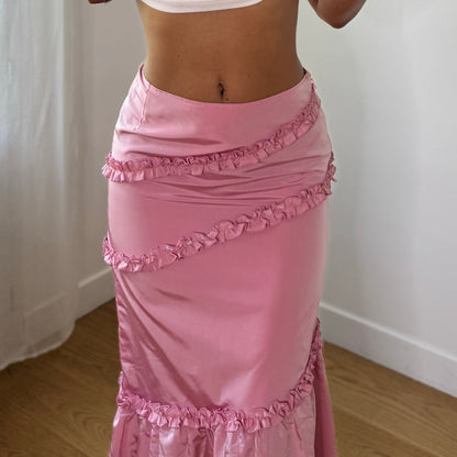 Vintage Baby Pink Satin Ruffle Mermaid Maxi Skirt Euro Y2K (XS/S)