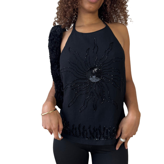 Vintage black cotton halter top with beaded sunburst motif and open back (S)
