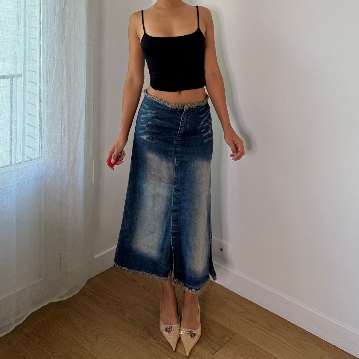 Vintage Blue Denim Distressed Frayed Midi Skirt (S)