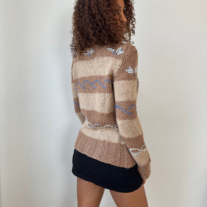 Italian Vintage neutral stripe hand-detail knit button cardigan (S/M)