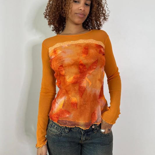 Vintage Orange Floral Layered Mesh Lace Long Sleeve Top Made in France Y2K (S)