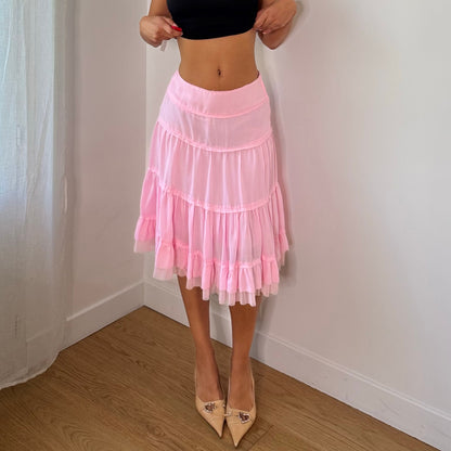 Vintage Baby Pink Tiered Ruffle Mesh Midi Skirt French Y2K (XS/S)