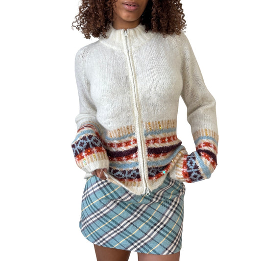 Vintage Italian ivory mohair blend fair isle zip cardigan with sequin embellishments and double zipper (S)