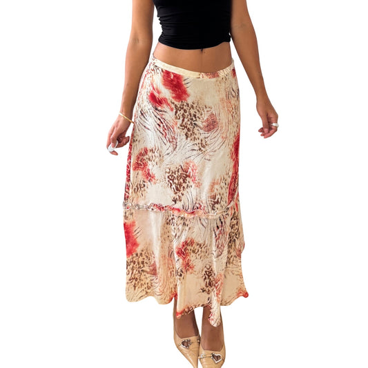 Vintage cheetah & abstract floral satin-mesh midi skirt with tiered hem (Small)