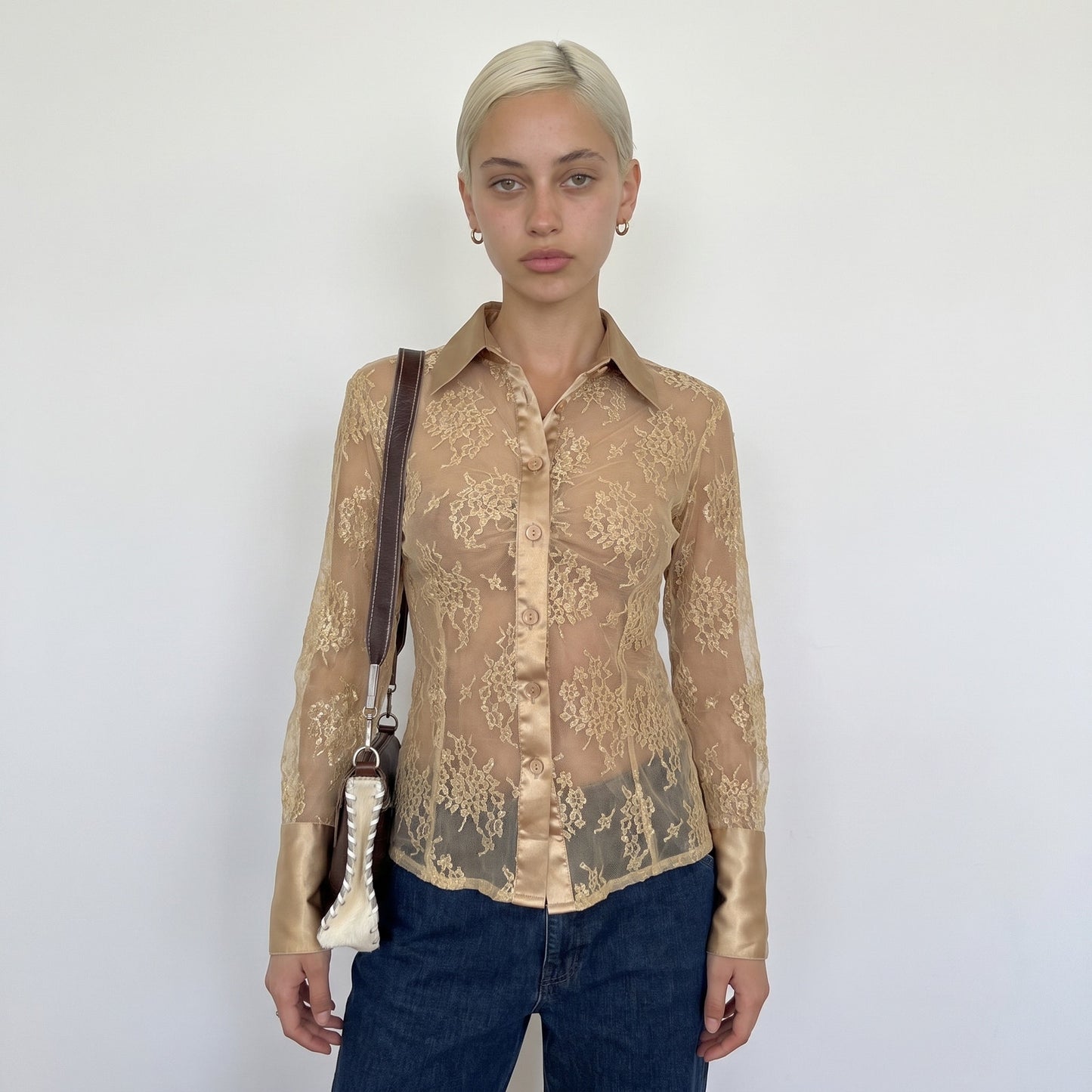 Vintage Euro Beige Floral Lace Mesh Button Up Blouse Y2K (S)
