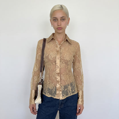 Vintage Euro Beige Floral Lace Mesh Button Up Blouse Y2K (S)