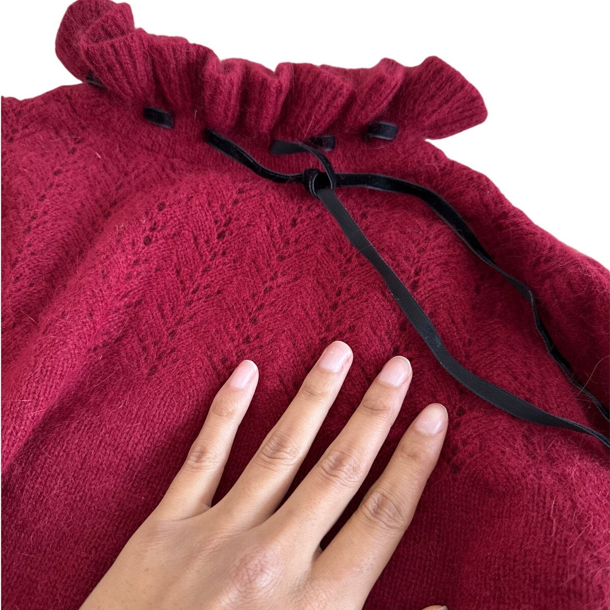 Vintage Euro Burgundy Angora Ruffle Neck Knit Long Sleeve Top (Small)