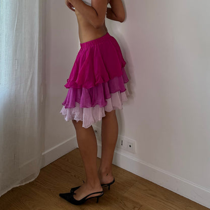 Vintage Hot Pink Purple Tiered Ruffle 100% Silk Mini Skirt Italian Y2K (S)
