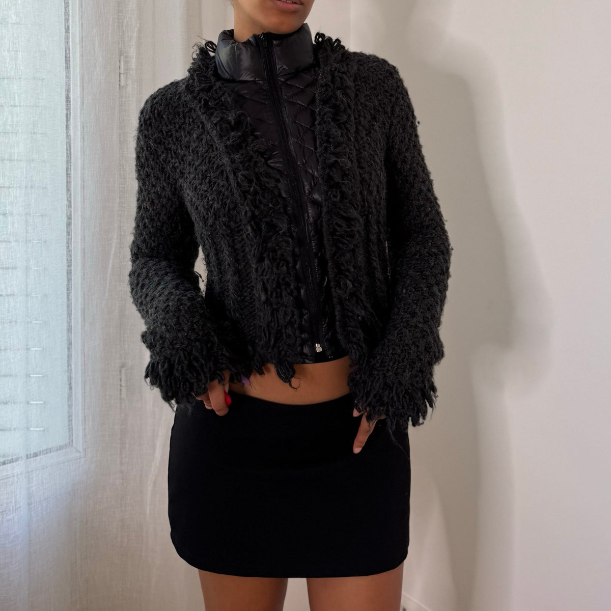 Italian vintage Y2K charcoal grey textured wool blend zip-up jacket with quilted panels and high collar