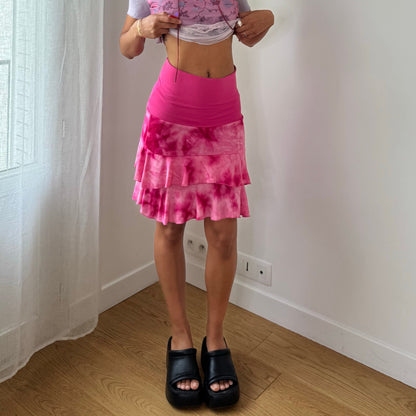 Vintage Pink Tie Dye Mesh Ruffle Mini Skirt Tiered Italian Y2K (S)