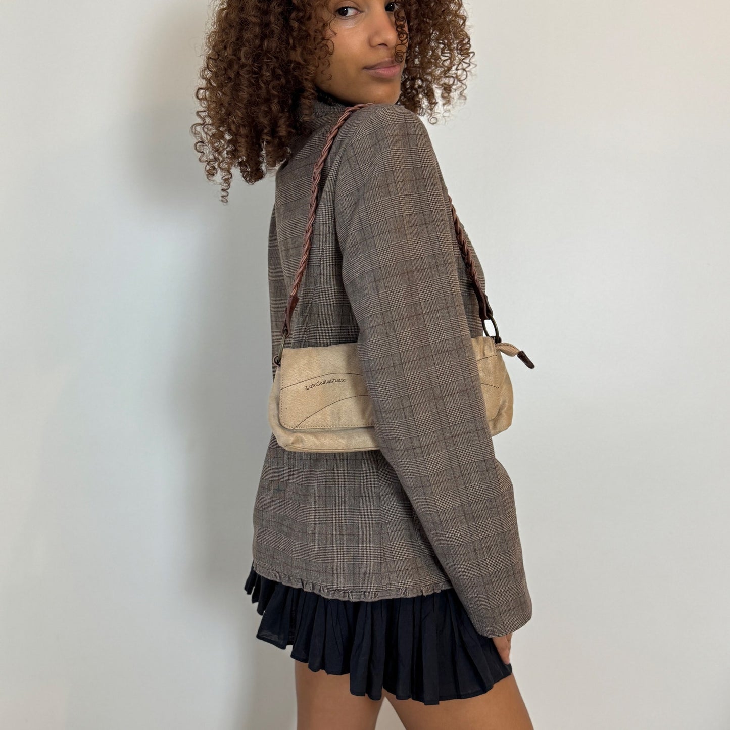 Vintage Lulu Castagnette Beige Faux Suede Shoulder Bag with Braided Strap