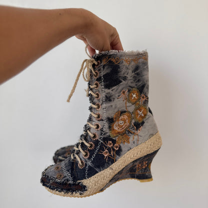 Vintage Denim Embroidered Lace-Up Wedge Boots Frayed Detail (EU 38 / US 8)