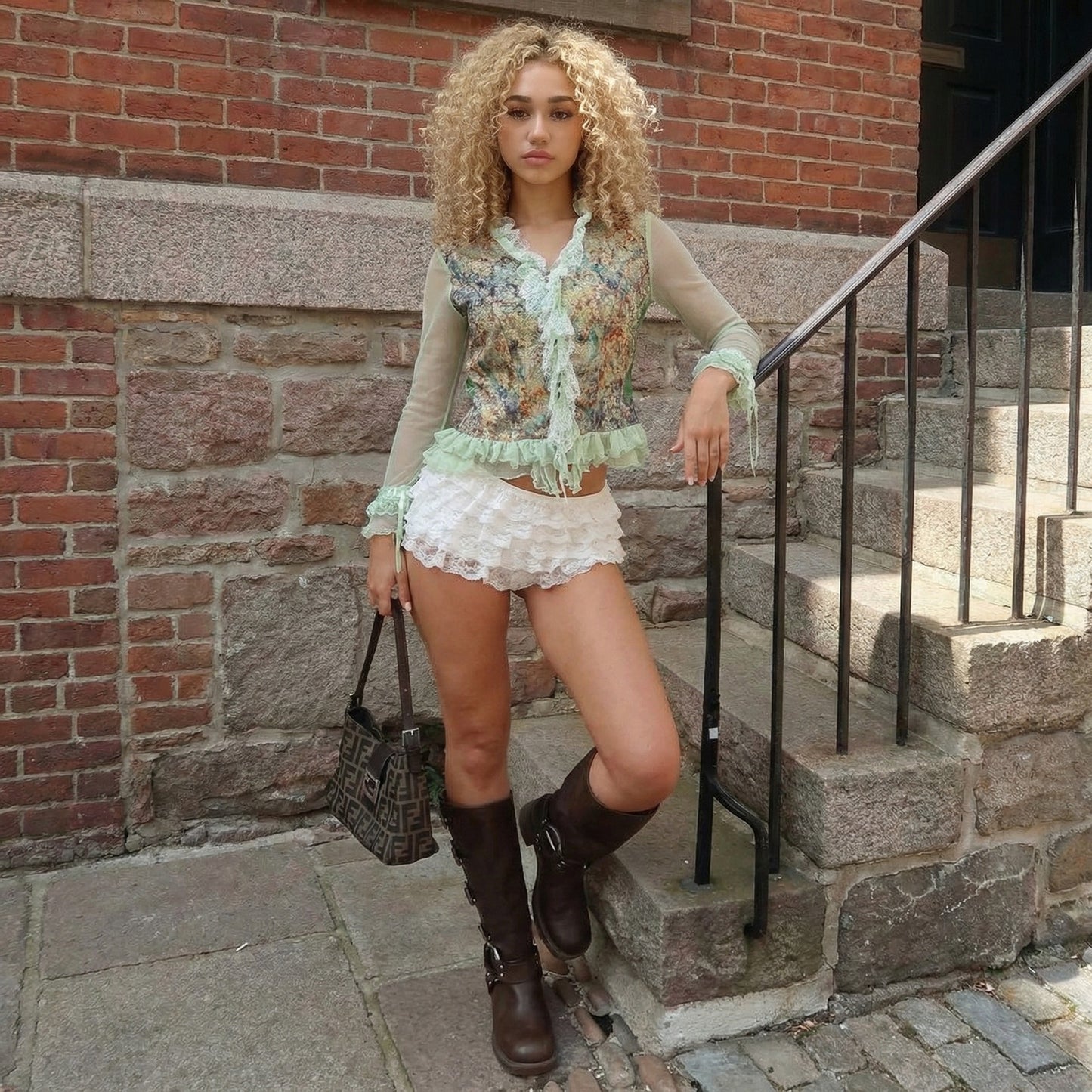 Vintage Designer Brocade & Mesh Ruffle Top Sheer Sleeves Lace Trim Romantic (S/M)