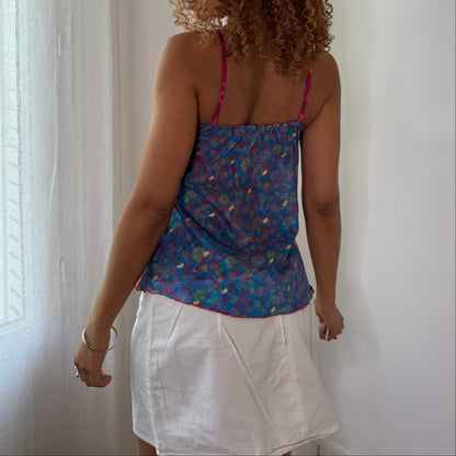 Vintage Orange Purple Pink Blue Floral Embroidered Mesh Cami Top Y2K (S/M)