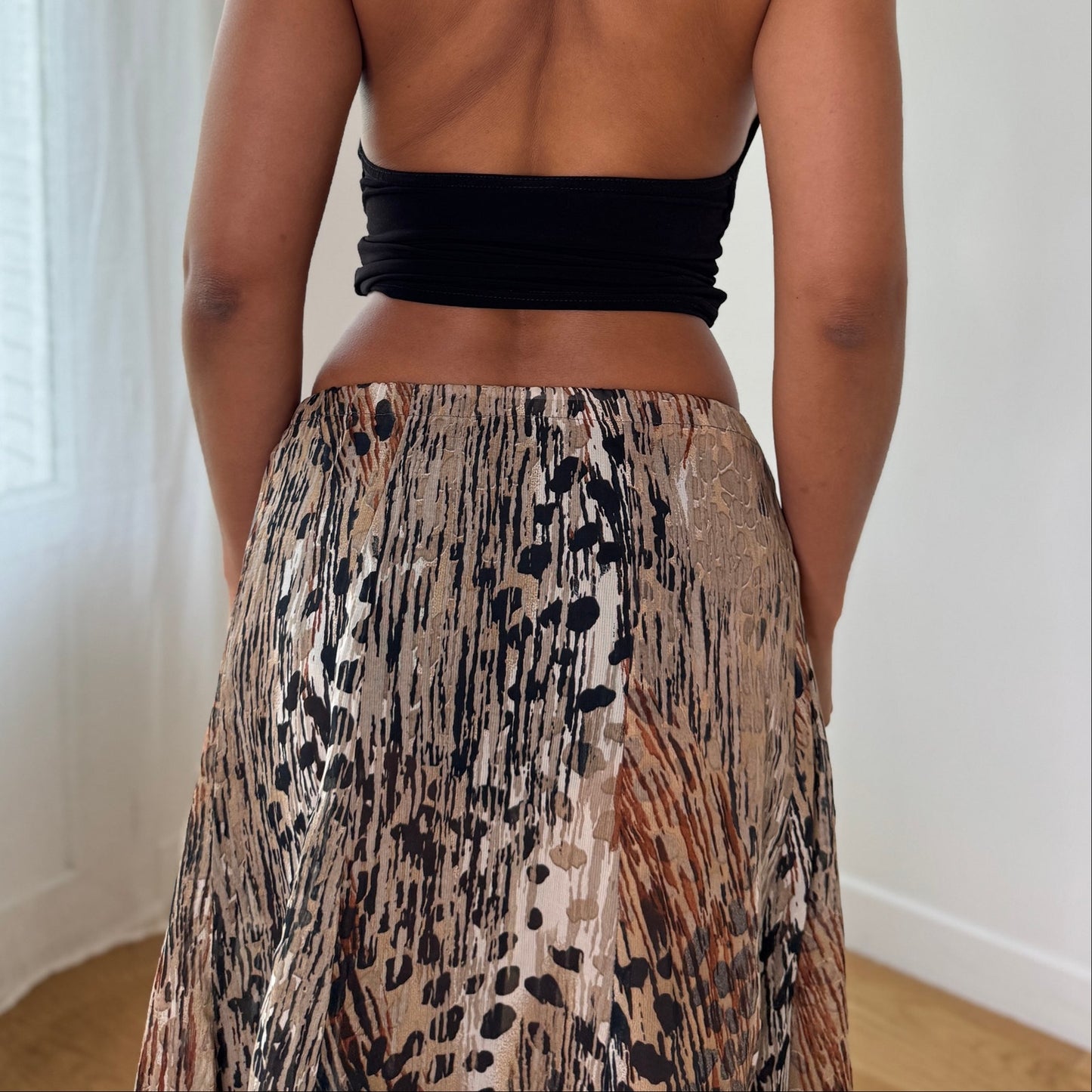 Vintage Animal Print Pleated Midi Skirt Italian Y2K Lace Hem Skirt (S) ⠀