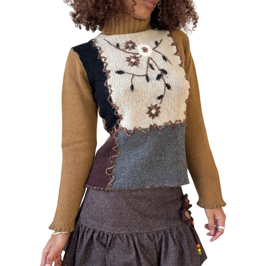 Vintage Euro Mustard Brown Patchwork Embroidered Turtleneck Knit Sweater (S/M)