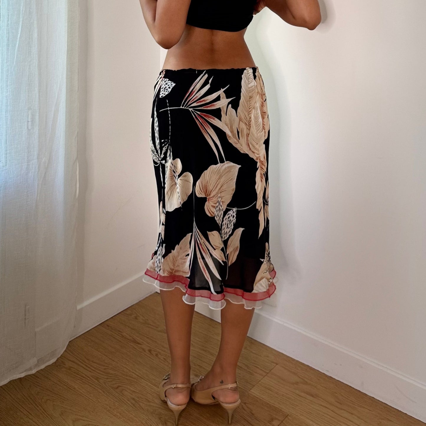 Vintage Black Beige Pink Tropical Floral Mesh Midi Skirt Italian Y2K (S)