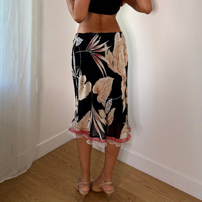 Vintage Black Beige Pink Tropical Floral Mesh Midi Skirt Italian Y2K (S)
