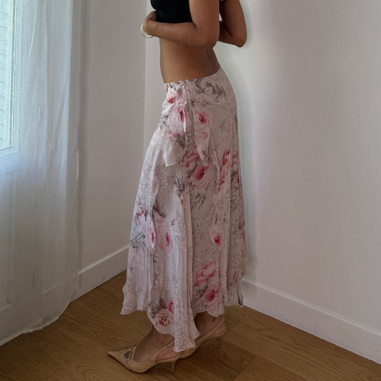 Vintage Blumarine Pink Floral Silk Maxi Skirt Ruffle Layer Italian Y2K (S)