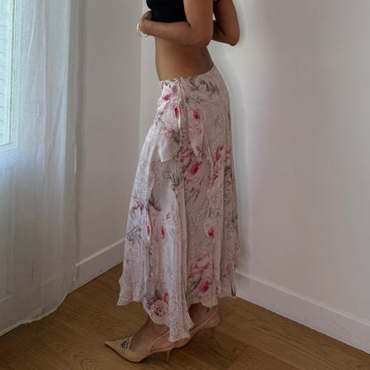 Vintage Blumarine Pink Floral Silk Maxi Skirt Ruffle Layer Italian Y2K (S)