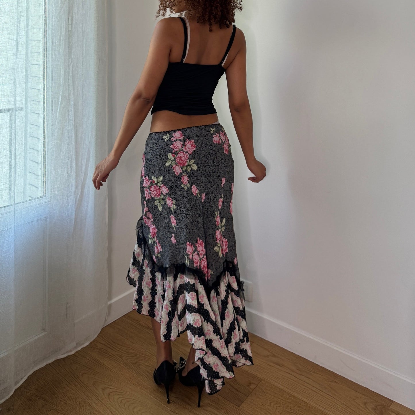 Vintage Black Pink Floral Mesh Asymmetrical Midi Skirt Euro Y2K (S)