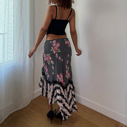 Vintage Black Pink Floral Mesh Asymmetrical Midi Skirt Euro Y2K (S)
