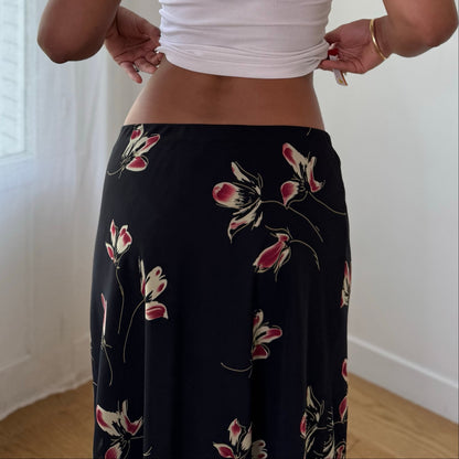 Vintage Black Floral Mesh Maxi Skirt Double Layer Viscose Italian Y2K (S)