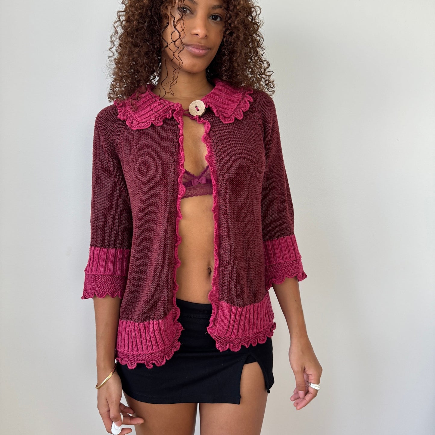 Vintage Jacqueline Riu French ruffled trim knit cardigan in berry & rose (Small)