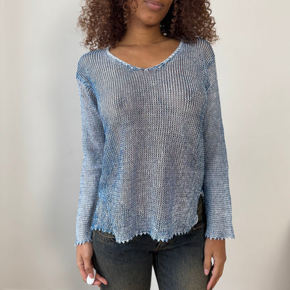 Vintage Italian 00s Blue Linen Knit Long Sleeve Top (Medium)