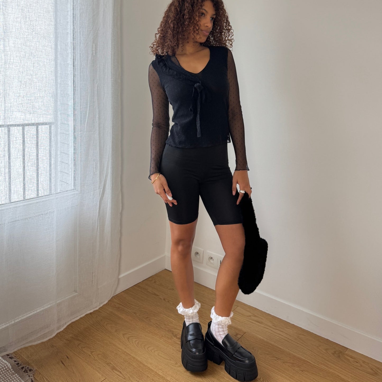 Vintage Italian black cotton mesh polka dot top with sheer sleeves (S)