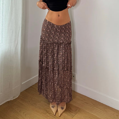 Vintage Brown Pink Floral Pleated Mesh Maxi Skirt Italian Y2K (M)