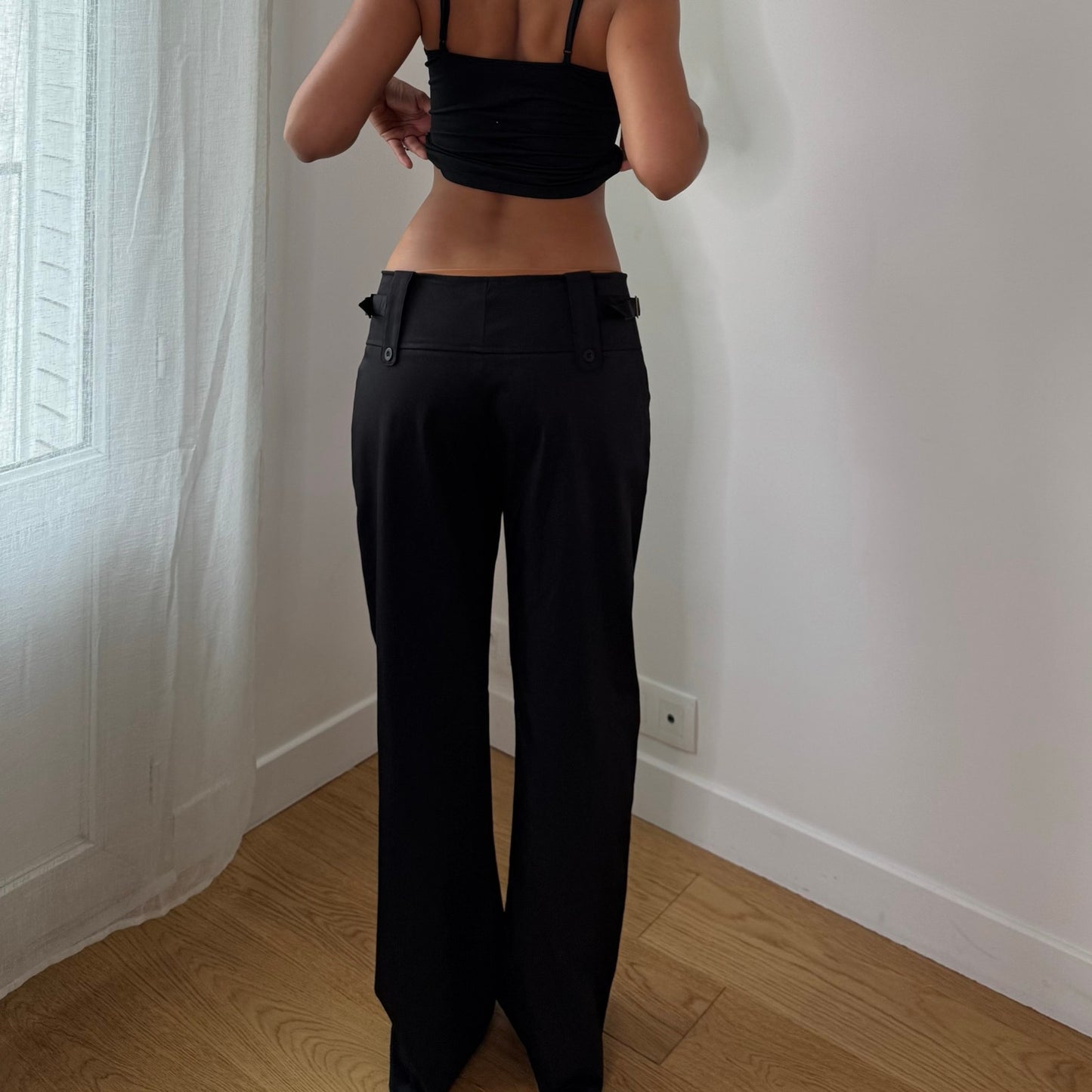 Vintage Black Buckle Waist Flare Pants Euro Y2K Trousers (S)
