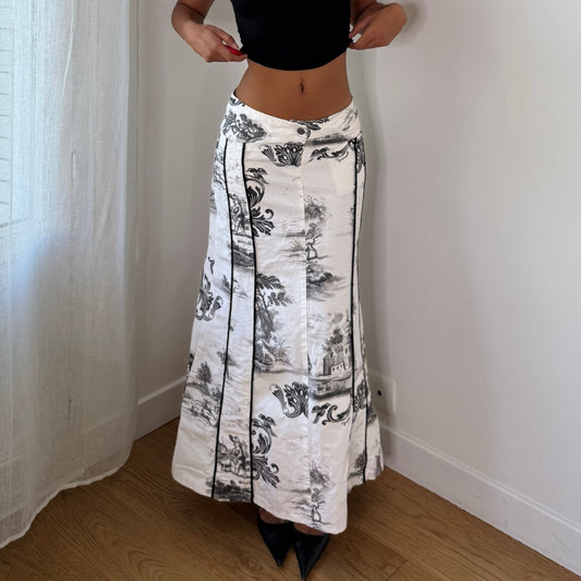 Fornarina Vintage White Black Toile de Jouy Floral Patchwork Cotton Maxi Skirt