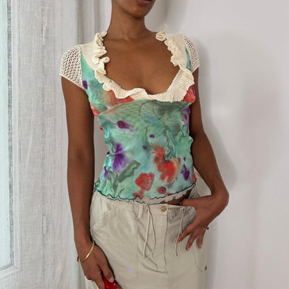 Sonia Fortuna Italian vintage turquoise floral mesh top with crochet ruffle neckline & cap sleeves