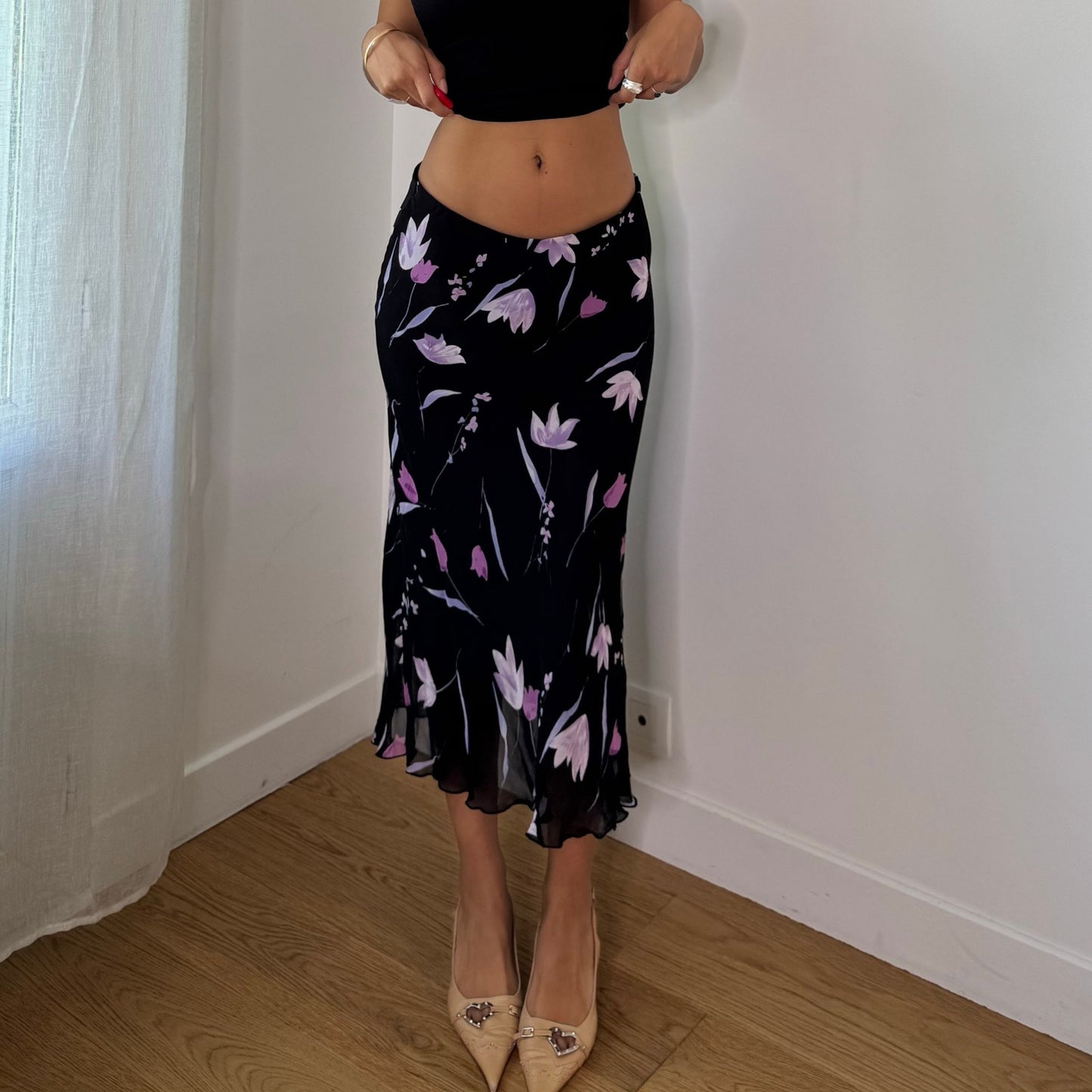 Vintage Black Pink Purple Floral Mesh Midi Skirt Euro Y2K (S)