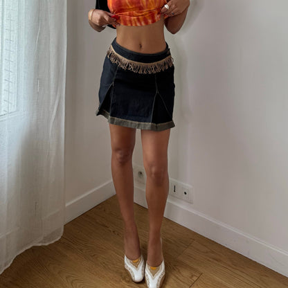 Vintage Denim Mini Skirt Fringe Low Rise Italian Y2K (XS/S)