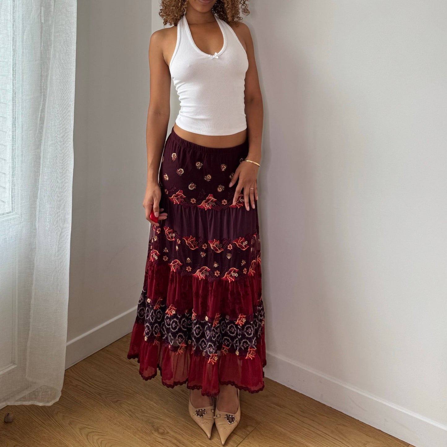 Vintage Burgundy Embroidered Tiered Maxi Skirt Italian Y2K (S/M)