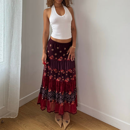 Vintage Burgundy Embroidered Tiered Maxi Skirt Italian Y2K (S/M)