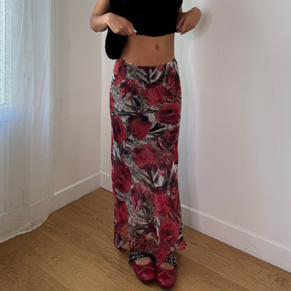 Vintage Red Rose Mesh Maxi Skirt Italy Y2K (S)
