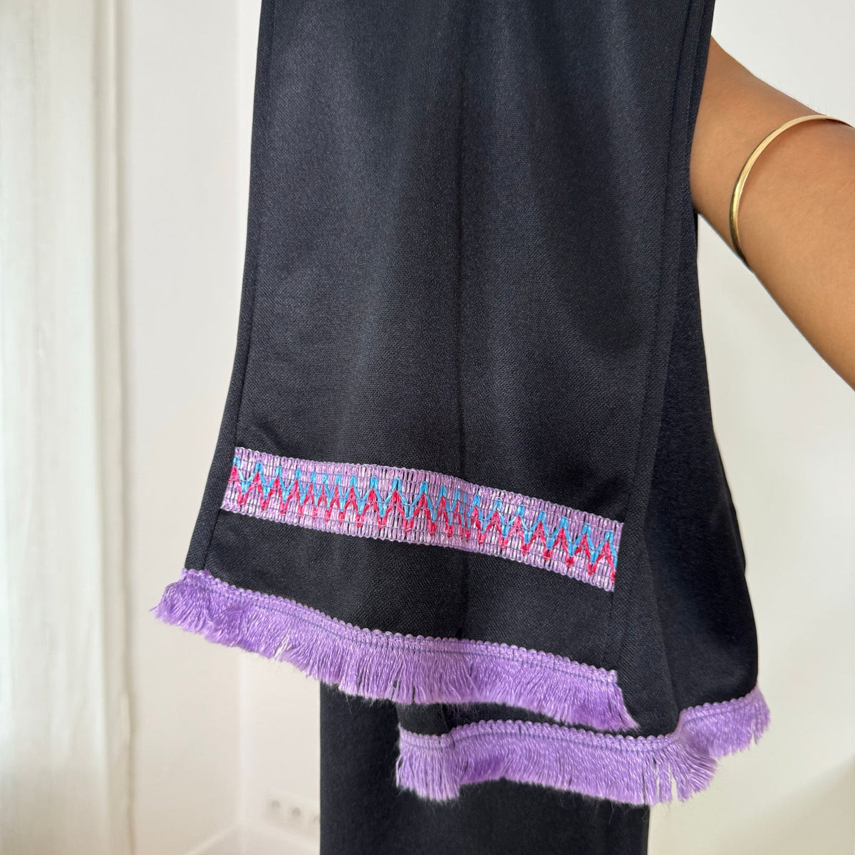 French vintage Y2K black low-rise trousers with purple fringe trim & pink turquoise embroidered cuffs