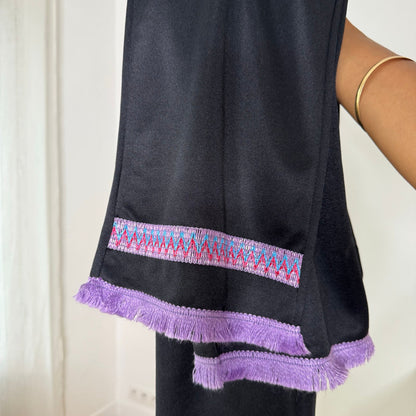 French vintage Y2K black low-rise trousers with purple fringe trim & pink turquoise embroidered cuffs
