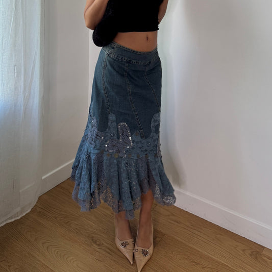 Vintage Denim Lace Midi Skirt Sequin Crochet Panel Italy Y2K (S) ⠀