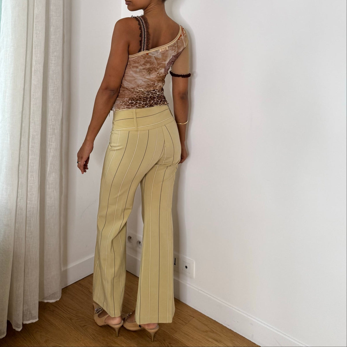 Euro vintage Y2K pale yellow pinstripe low-rise tailored trousers