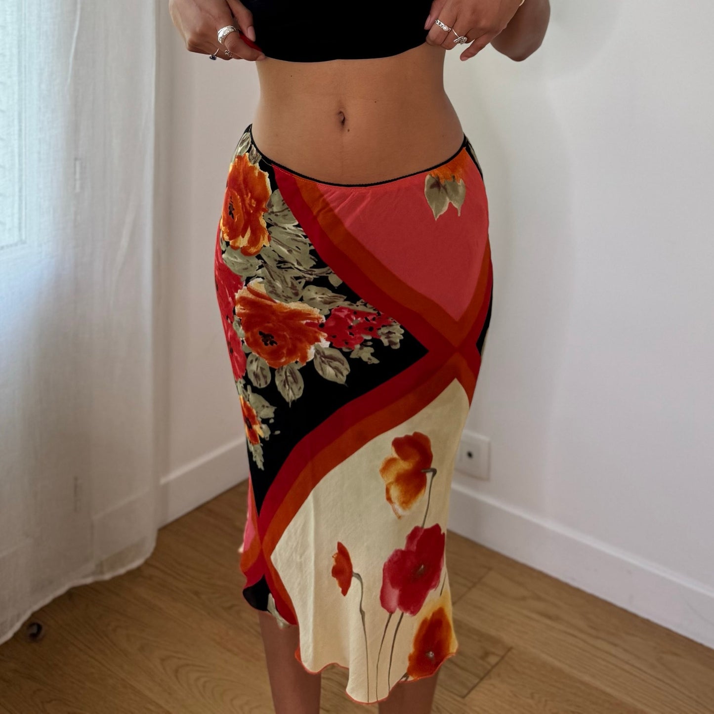 Vintage Red Orange Cream Floral Mesh Midi Skirt Italian Y2K (XS/S)
