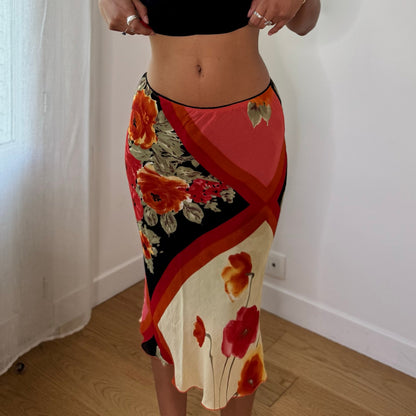 Vintage Red Orange Cream Floral Mesh Midi Skirt Italian Y2K (XS/S)