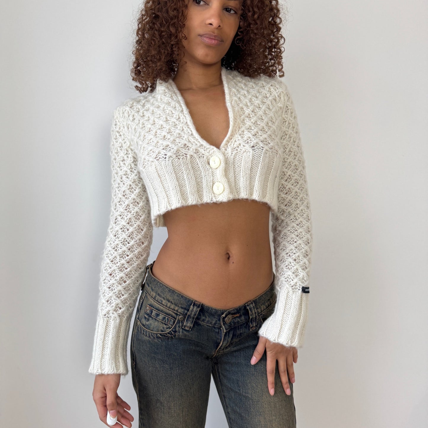 Vintage Italian cream cropped kid mohair blend knit cardigan by Denny Rose (S)