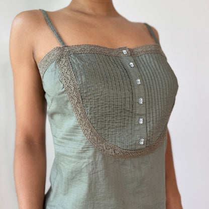 Vintage Sage Green Cotton Cami Top Lace Trim Ruffle Hem Italian Y2K (S/M)